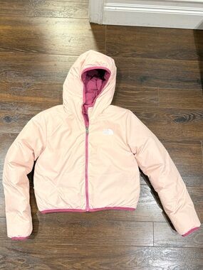 Reversible The North Face Light Pink Hooded Puffer Jacket with Dark Pink Trim